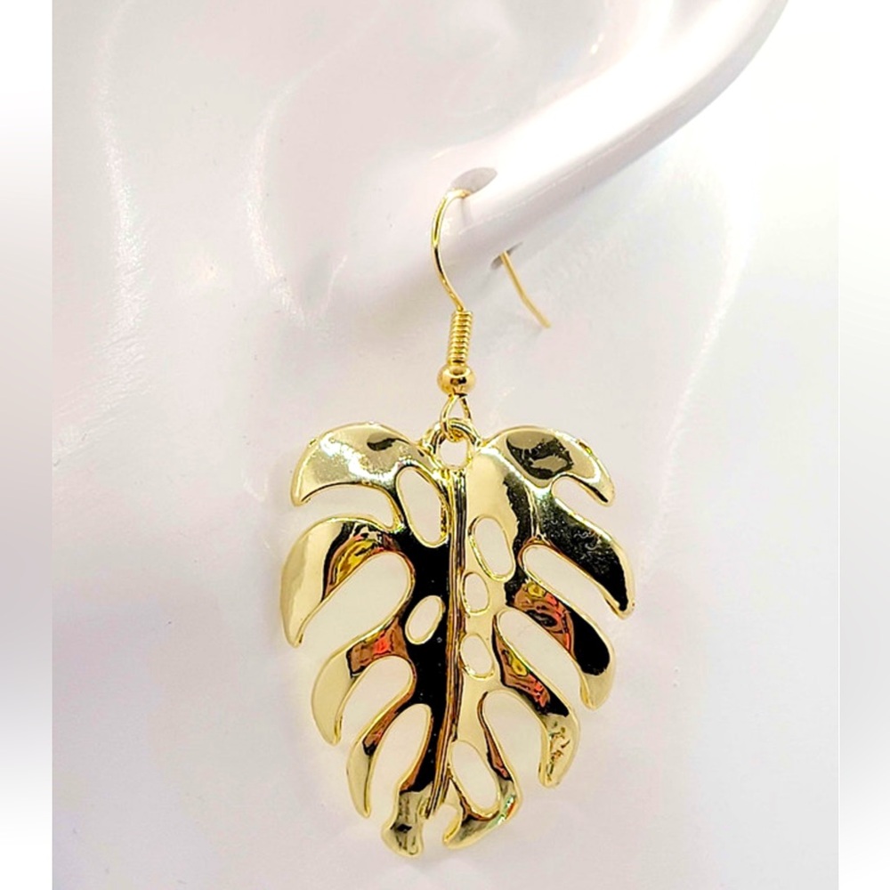 Gold Monstera Tropical Leaf Dangle Earrings